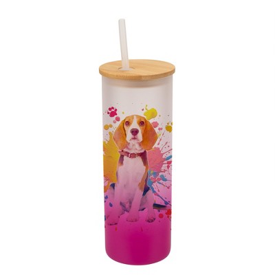 100 North 25 Ounce Frosted Glass Gradient Travel Tumbler With Straw & Wooden Lid, Beagle Hound Dog Paint Splatter Pink