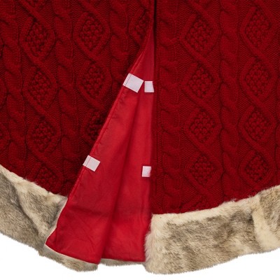 Red Cable Knit Christmas Tree Skirt with Faux Fur Trim - 48 Inch