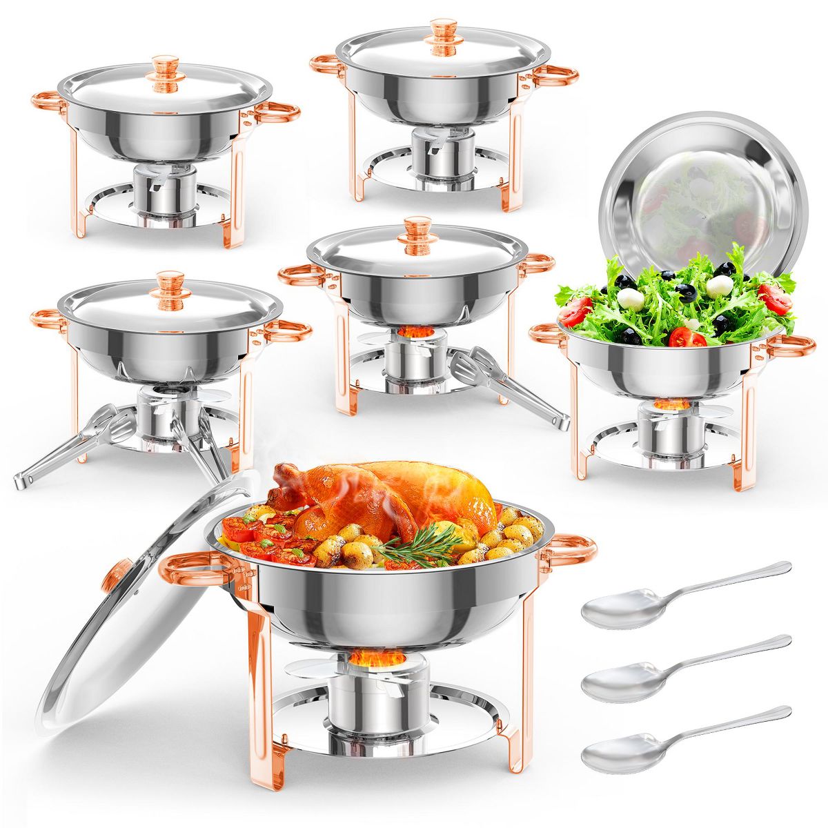 6-Pack 5QT Round Stainless Steel Chafing Dishes Set with Lid Holder & Cover - Buffet Warmers for Parties/Festivals/Weddings
