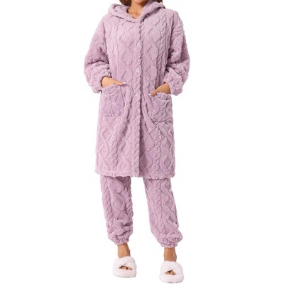 INSPIRE CHIC Women's Flannel Winter Button Up Long Hoodies with Pockets Matching Long Pants Pajama Sets  2 Pcs