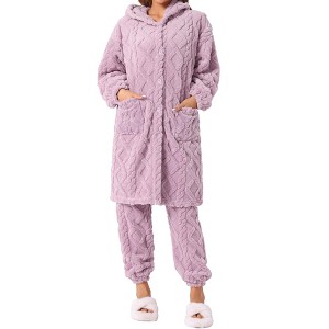 INSPIRE CHIC Women's Flannel Winter Button Up Long Hoodies with Pockets Matching Long Pants Pajama Sets  2 Pcs - 1 of 4