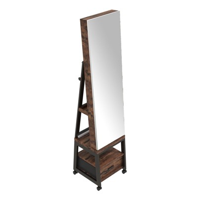 Jewelry Armoire Cabinet with Bottom Drawer & Wheels, 360° Swivel Full Length Mirror with Jewelry Organizer, Brown