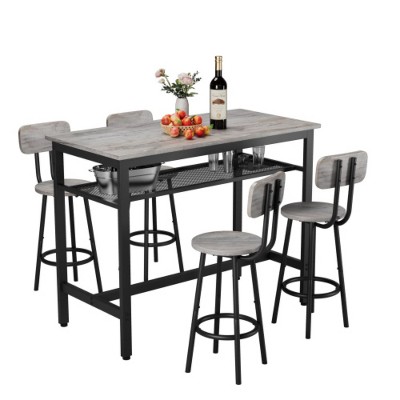 grey 5-Piece Kitchen Counter Height Table Set, Bar Table with 4 Chairs