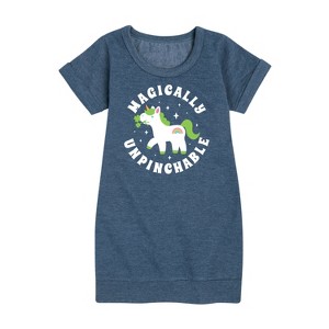 - Instant Message - St. Patrick's Day Magically Unpinchable Unicorn Graphic Short Sleeve Fleece Dress - 1 of 4