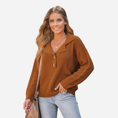 Women's V Neck Split Trim Oversized Sweater - Cupshe -light Brown