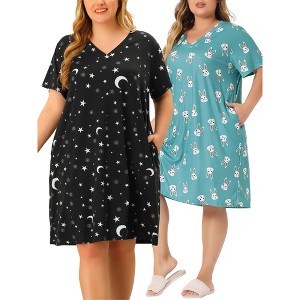 Agnes Orinda Women's Plus Size Comfort Pattern V Neck Short Sleeve Packs Casual Nightgowns - 1 of 4
