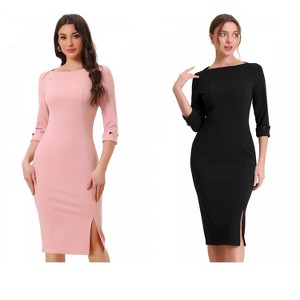 INSPIRE CHIC Women's Elegant Boat Neck 3/4 Sleeves Work Midi Split Sheath Dress 2 Packs - 1 of 4