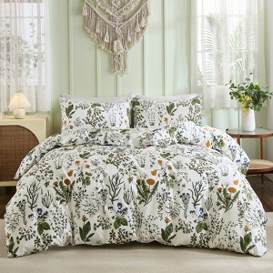Cotton Duvet Cover Set – 100% Washed Cotton Reversible Floral Bedding with Zipper Closure, Soft Breathable 3-Piece Set - 1 of 4