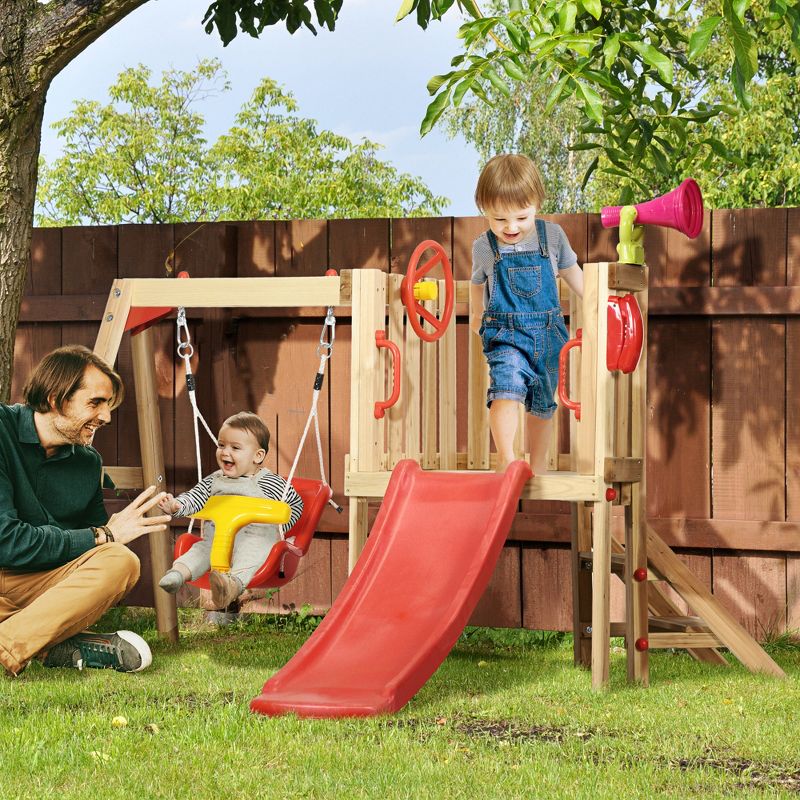Outsunny 4-in-1 Wooden Swing Set, Kids Outdoor Playset with Swing, Slide, Horn, Steering Wheel, Toddler Playground Set for 18-48 Months, Red, 3 of 7