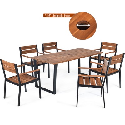 Costway 7PCS Patio Dining Chair Table Set Acacia Wood Backyard W/Umbrella Hole