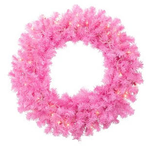 Northlight Pre-Lit Artificial Pine Christmas Wreath - 24" - Pink- Clear Lights - 1 of 4