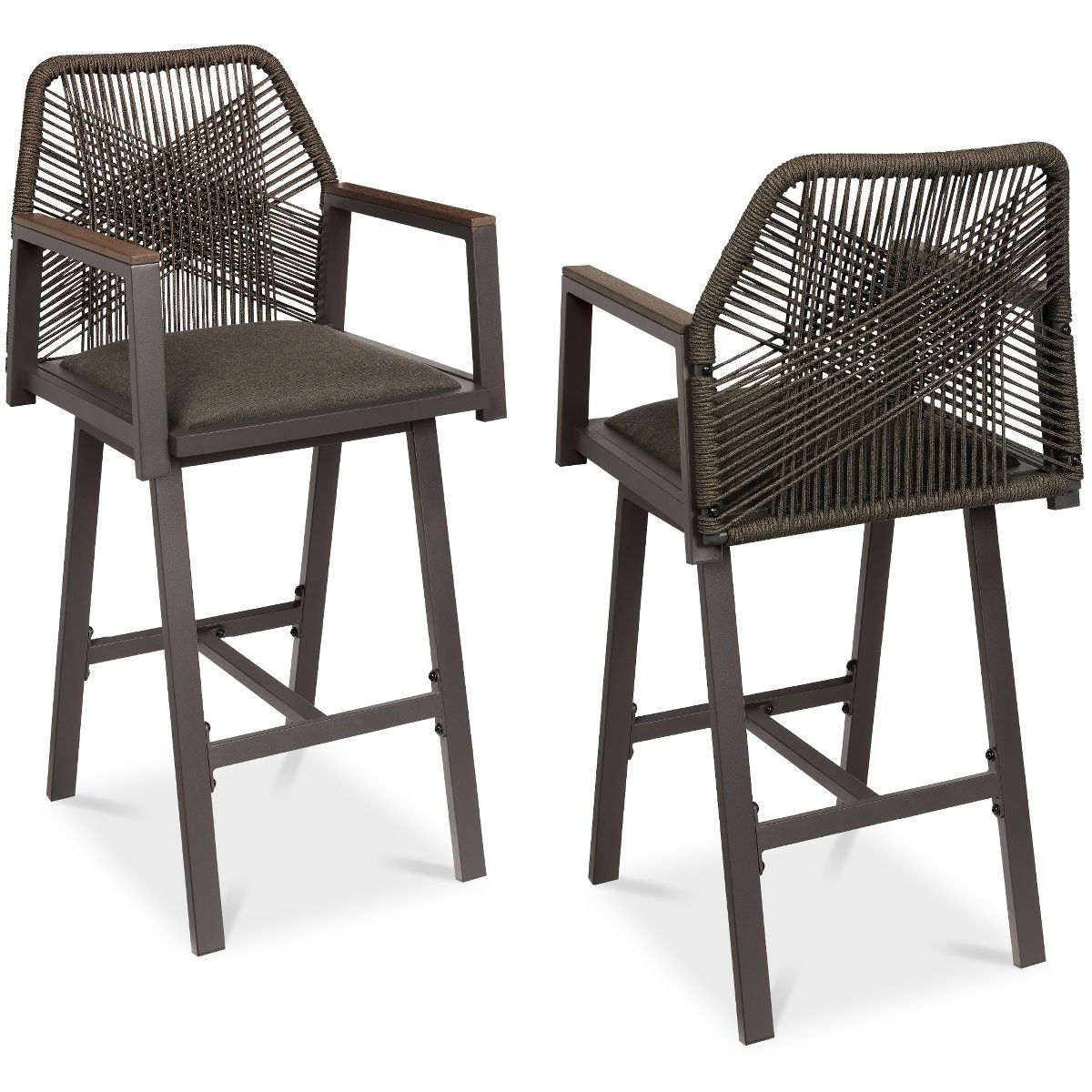 Best Choice Products Set of 2 Indoor/Outdoor Aluminum, Woven Rope Swivel Barstools w/ Armrests - Gray/Meteor - thumbnail 9