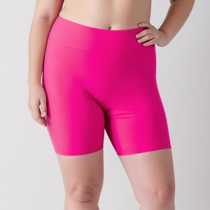 Calypsa Women's Plus Size Chlorine Resistant High Waisted Mid-Thigh Swim Shorts - 1 of 4