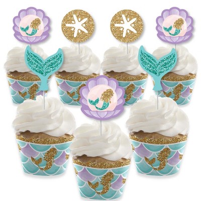 Big Dot of Happiness Let's Be Mermaids - Cupcake Decoration - Baby Shower or Birthday Party Cupcake Wrappers and Treat Picks Kit - Set of 24