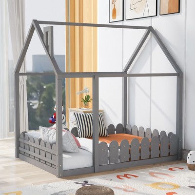 Full Size Wood House Bed Frame with Fence for Kids,Teens