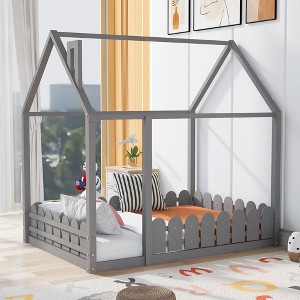 Full Size Wood House Bed Frame with Fence for Kids,Teens - 1 of 4
