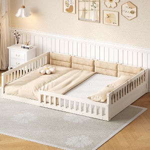 Lyngins Wood Upholstered Platform Bed with Guardrail and Pillow, Full Size Bed Frame, Children's Floor Bed, No Box Spring Needed, Toddler Bed - 1 of 4