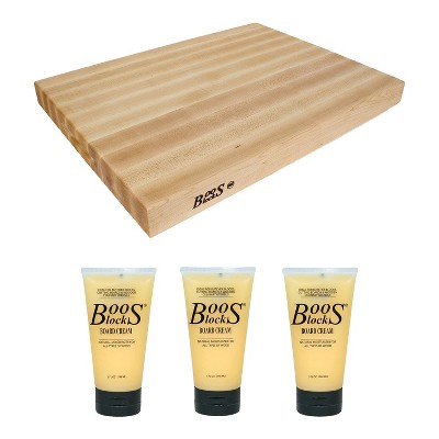 John Boos Maple Wood Edge Grain Reversible Cutting Board, 24 x 18 x 2.25 Inches & Wooden Butcher Block Board Natural Care Cream, 5 Ounces (3 Pack)