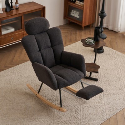 Aukfa Soft Teddy Fabric Rocking Chair w/Pocket - Ergonomic Nursery Glider, Solid Wood Base, 256LB Capacity for Living Room & Bedroom