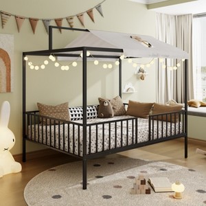 KWPZQEB Montessori Metal Floor Bed, Twin/Full Size Bed with Fence & Sturdy Metal Slats Support, House Beds with Roof for Kids, Easy Assembly - 1 of 4