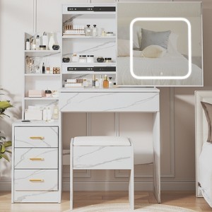 Vanity Desk with LED Lights, Makeup Vanity Desk with Sliding Mirror, Dressing Table with Drawers - 1 of 4