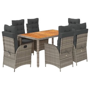 vidaXL 7 Piece Patio Dining Set with Cushions - Gray Poly Rattan, Acacia Tabletop, Adjustable Reclining Chairs - 1 of 4
