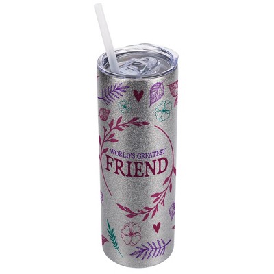 Elanze Designs Floral Silvertone Sparkle 20 Ounce Double Wall Stainless Steel Glitter Travel Tumbler With Sliding Lid And Straw, World's Greatest