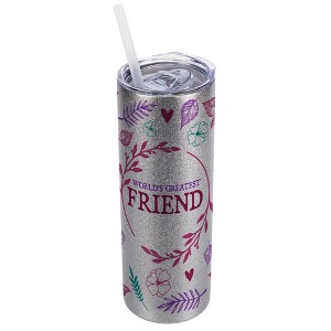 Elanze Designs Floral Silvertone Sparkle 20 Ounce Double Wall Stainless Steel Glitter Travel Tumbler With Sliding Lid And Straw, World's Greatest - 1 of 4