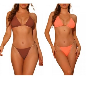 Elerevyo Women's Chain Halter Ribbed Lace Up Tie Back Triangle Bottoms Swimwear Bathing Suits 2 Sets - 1 of 4