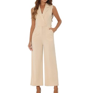 Allegra K Women's Sleeveless One Button Closure Wide Leg Jumpsuits with Belt - 1 of 4