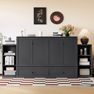 TIRAMISUBEST Full/Queen Size Murphy Bed with 2 Bedside Cabinets, Storage Folding Wall Bed Frame with Large Drawer - 1 of 4