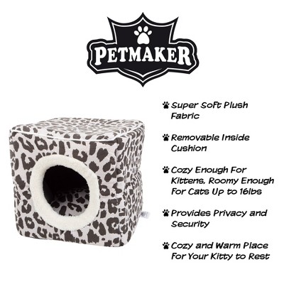 Gray and Black Leopard Print Enclosed Cat Bed with Removable Cushion