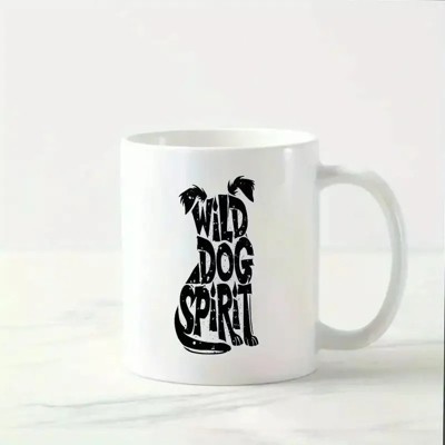 1pc 11oz "Wild Dog Spirit" Ceramic Coffee Mug - White with Black Dog Silhouette, Microwave & Dishwasher Safe