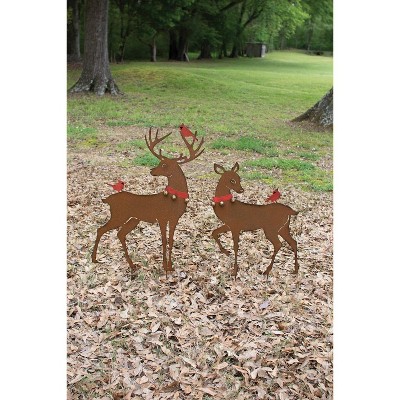 Rustic Reindeer Yard Decor Set – Doe 20" Buck 27" Tall with Red Birds by Kalalou