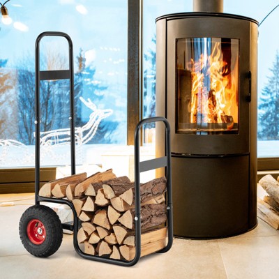 Heavy-Duty Black Steel Firewood Log Cart Carrier with Red Wheels