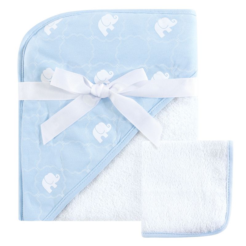 Hudson Baby Infant Boy Cotton Hooded Towel and Washcloth 2pc Set, Blue Elephant, One Size, 1 of 3