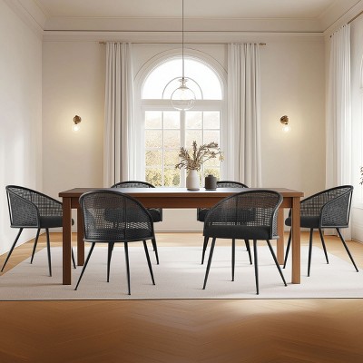 Set of 6 Rattan Dining Chairs, Modern Upholstered Armchairs with Black Metal Frame & Woven Cane Back for Kitchen & Dining Room-Maison Boucle