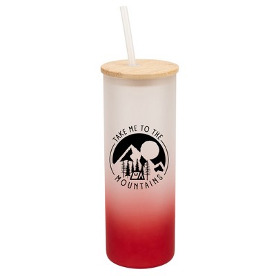Elanze Designs Take Me To The Mountains Wrap-Around Design 25 Ounce Frosted Gradient Glass On-The-Go Coffee Travel Skinny Tumbler Mug Cup, Bamboo Lid