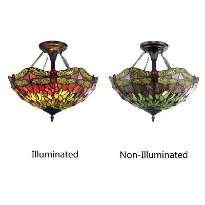 Empress Dragonfly Tiffany-Style Bronze Semi-Flush Pendant Light