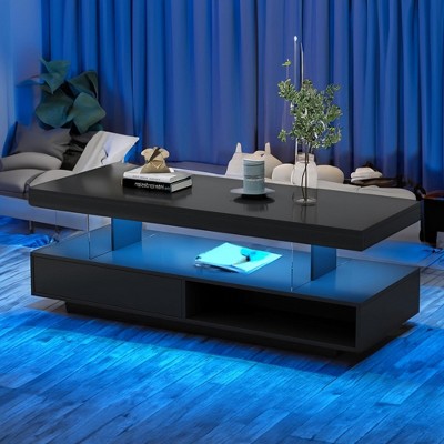 QingMoon High Gloss Coffee Table, Modern LED Center Table with Storage Drawers and Display Shelves, Accent Furniture for Living Room