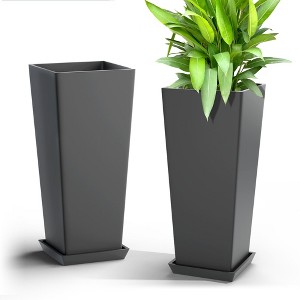 TUYOHW Set of 2 Tall Planters for Plants, 24" Tapered Tall Planters with Tray for Porch, Patio, Backyard, Large Planters for Outdoor Indoor Plants - 1 of 4