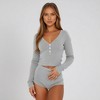 Knit & Lounge Women’s Waffle Knit Henley Lounge Set Long Sleeve Button Top Fitted Shorts Soft Cozy Matching Set - 3 of 4