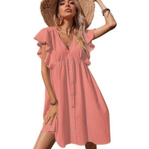 Clearlove Women's Ruffle Babydoll Dress Long/Short Sleeve V Neck High Waist Botton Casual Loose Flowy Swing Pleated Tunic Dress - 1 of 2