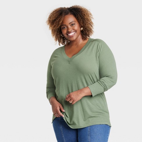 Women's Long Sleeve Relaxed V-neck T-shirt - Ava & Viv™ Olive Green 3x :  Target