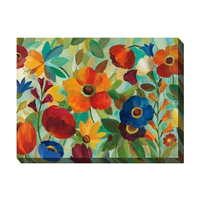 Cottage Garden West of The Wind Jamboree Garden Orange, Blue, Green 40 x 30 Inch Waterproof Gallery Wrapped Canvas, Outdoor Garden, Yard, Patio All