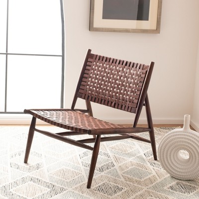 Cognac Brown Leather Woven Armless Slipper Chair