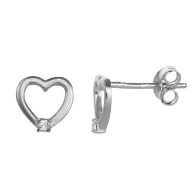 FAO Schwarz Sterling Silver Heart Stud Earrings with Crystal Stone Accent