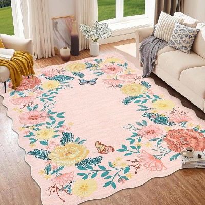 9'x12' Vintage Floral Runner Rug Washable Low Pile, Non-Slip Distressed Carpet for Entryway Living Room Bedroom, Faux Wool Soft Area Rug,Pink