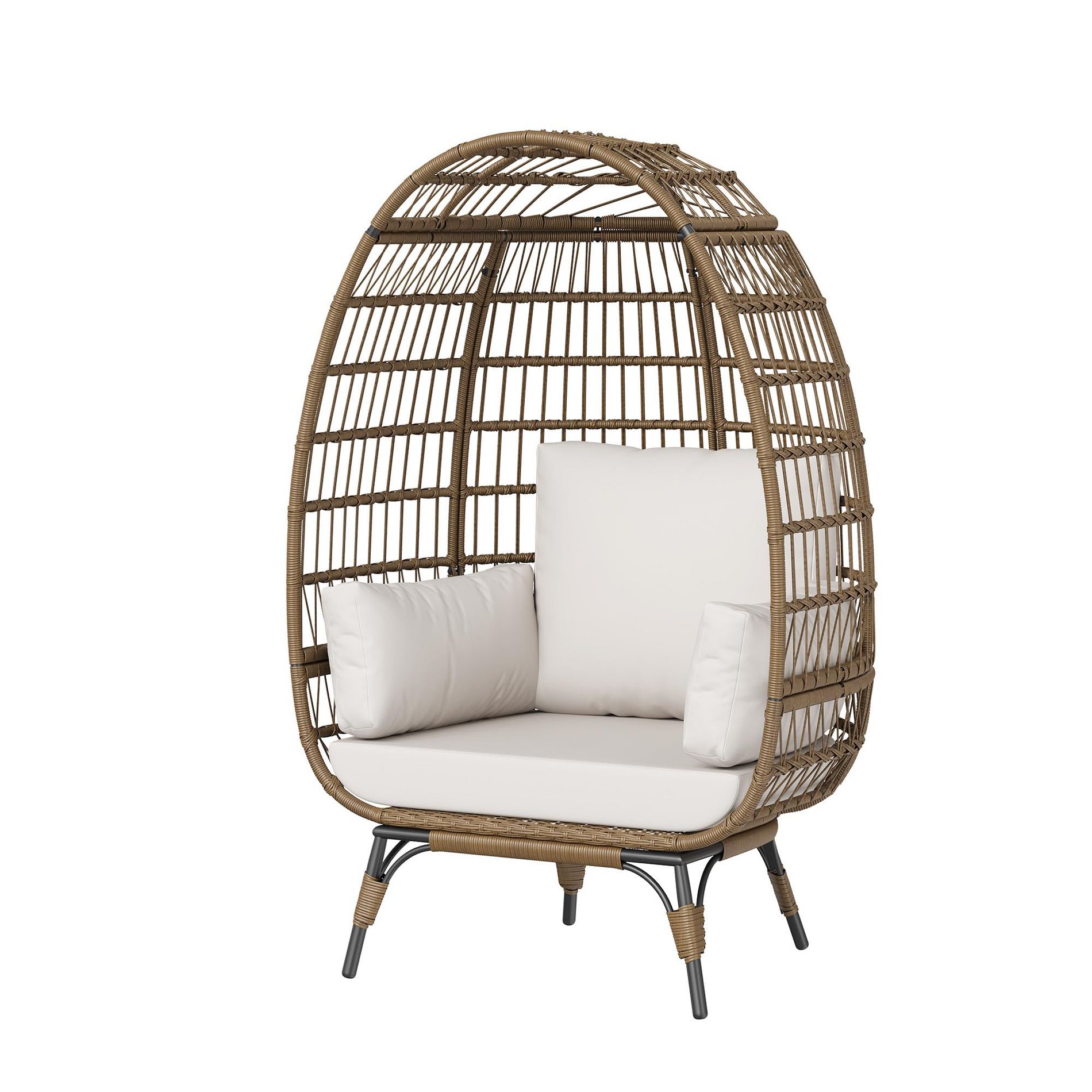 Oversize Wicker Egg Chair Outdoor with Steel Frame, Egg Basket Lounge Chair with 4 Cushions