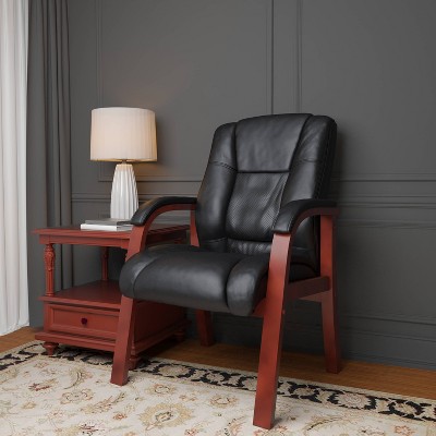 Mid-Back Black CaressoftPlus Guest Chair with Cherry Wood Finish